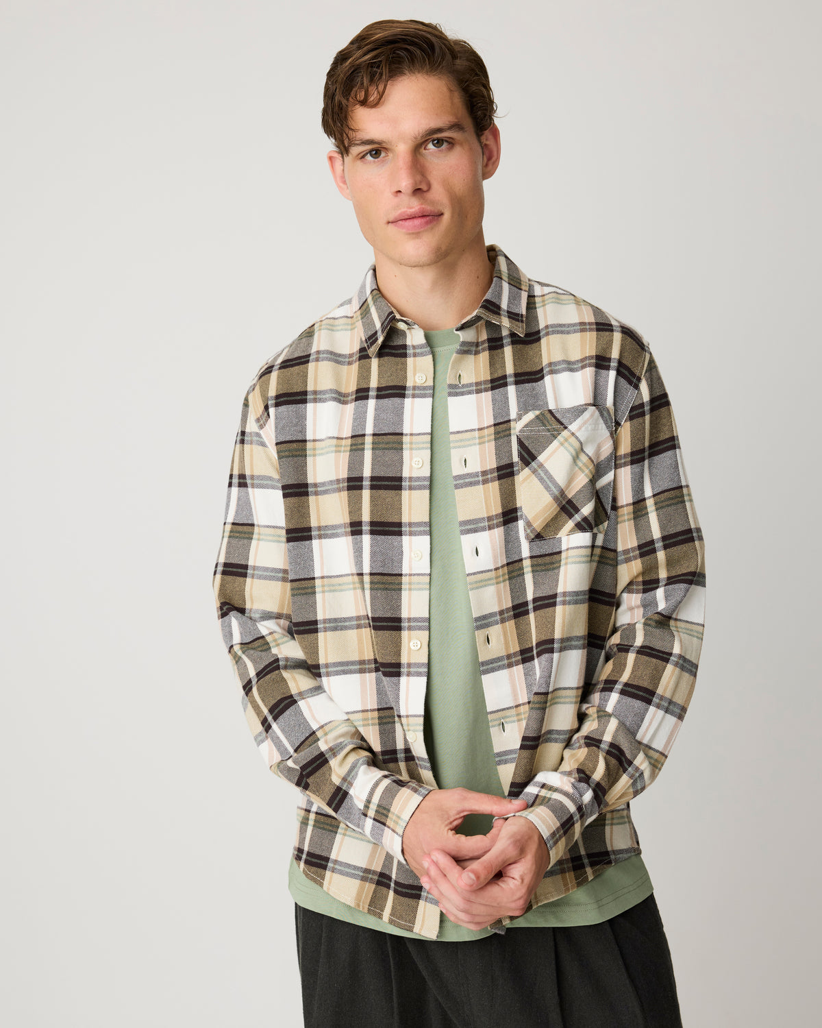 Light flannel checkered costum fit shirt - Brown check