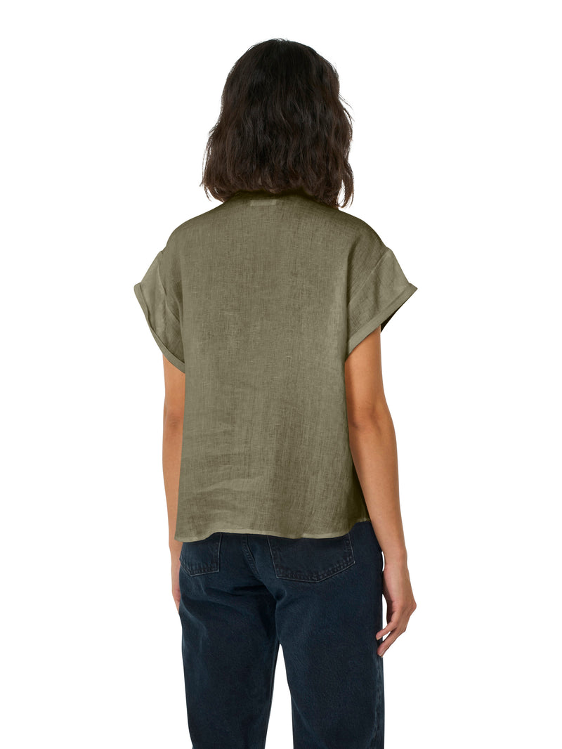 KnowledgeCotton Apparel - WMN ASTER fold up short sleeve linen shirt Shirts 1068 Burned Olive