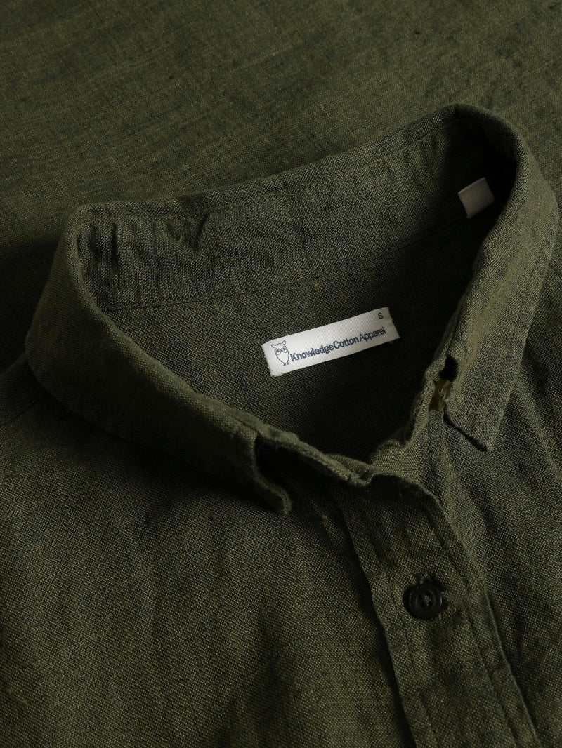 KnowledgeCotton Apparel - WMN ASTER fold up short sleeve linen shirt Shirts 1068 Burned Olive