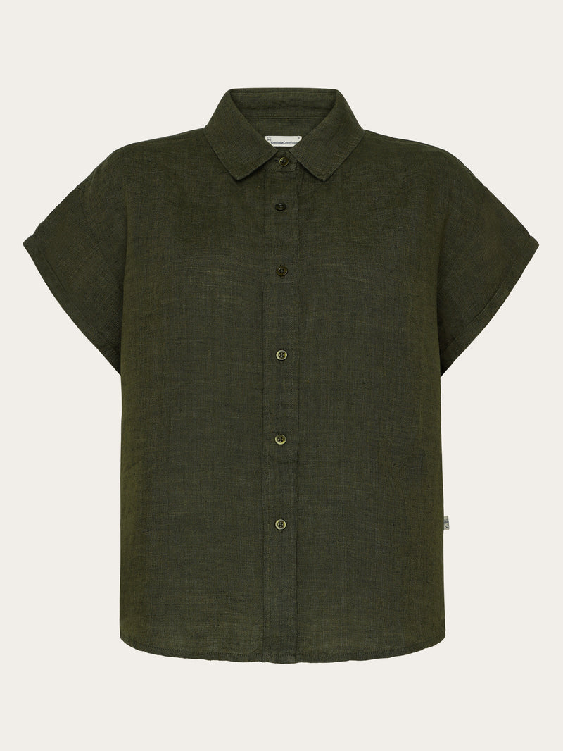 KnowledgeCotton Apparel - WMN ASTER fold up short sleeve linen shirt Shirts 1068 Burned Olive