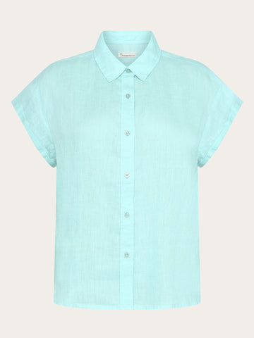 KnowledgeCotton Apparel - WMN ASTER fold up short sleeve linen shirt Shirts 1480 Aqua-Esque