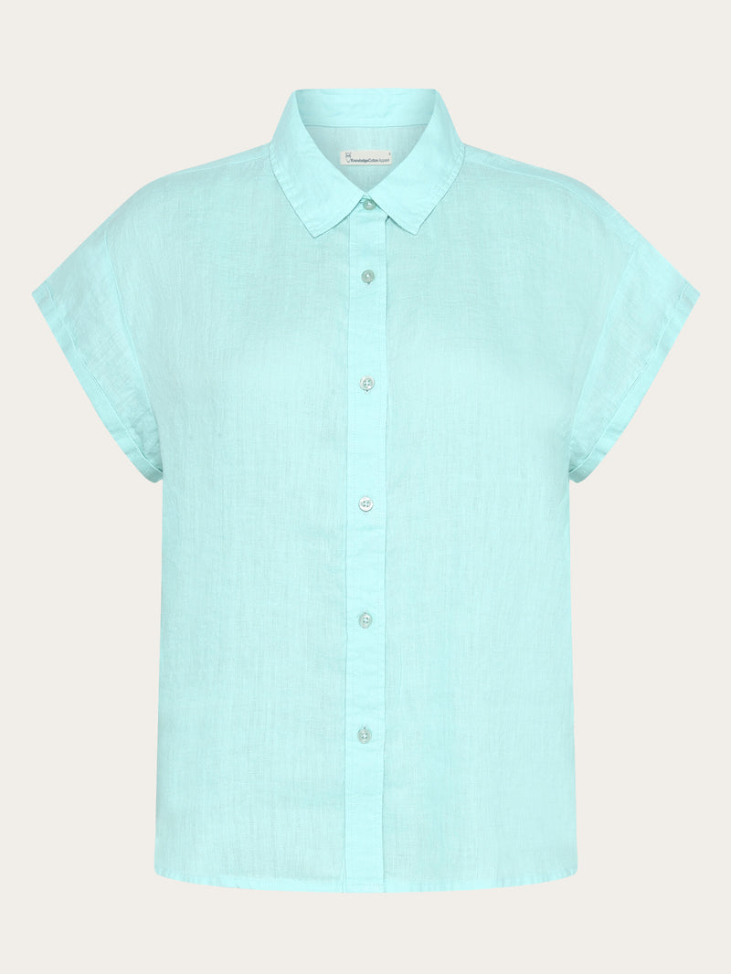KnowledgeCotton Apparel - WMN ASTER fold up short sleeve linen shirt Shirts 1480 Aqua-Esque
