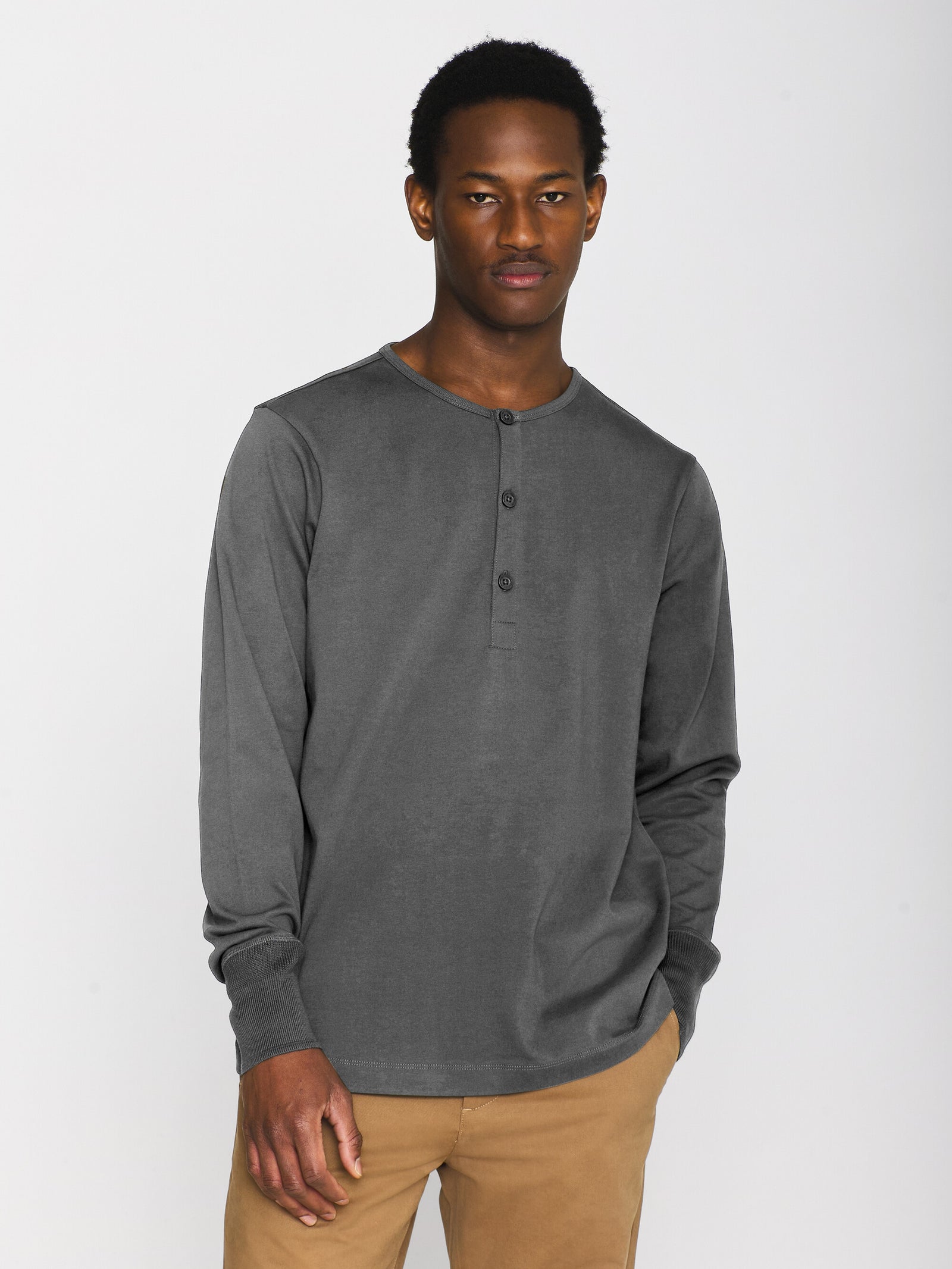 Heavy jersey henley shirt - Dark Grey Melange