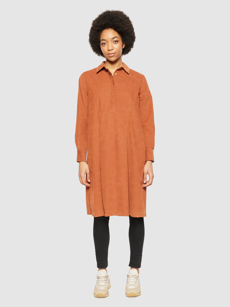 KnowledgeCotton Apparel - WMN Baby corduroy mid length shirt dress - GOTS/Vegan Dresses 1426 Mocha Bisque