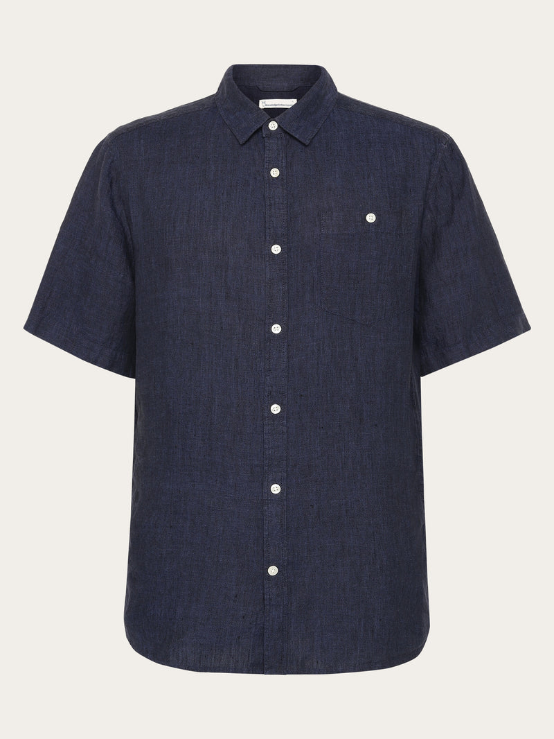 KnowledgeCotton Apparel - MEN Custom fit linen short sleeve shirt Shirts 1450 Yarndyed - Total Eclipse