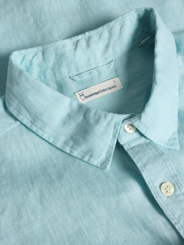 KnowledgeCotton Apparel - MEN Custom fit linen short sleeve shirt Shirts 1480 Aqua-Esque