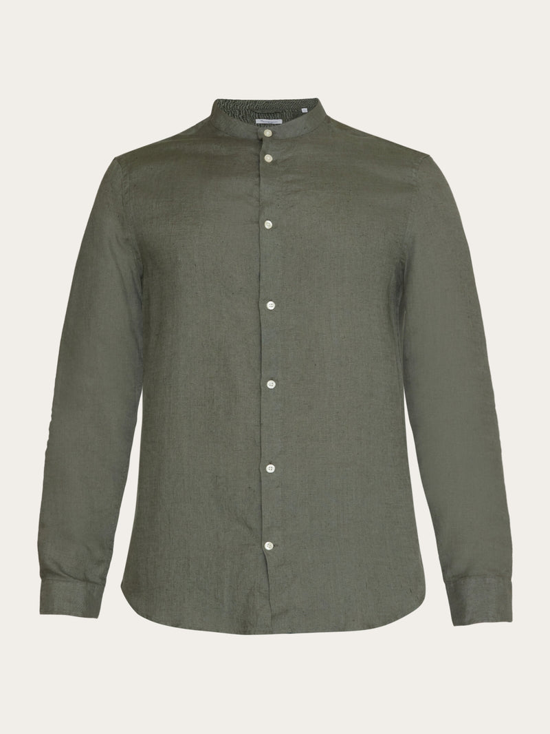 KnowledgeCotton Apparel - MEN Custom fit linen stand collar shirt Shirts 1068 Burned Olive