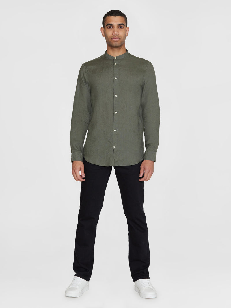 KnowledgeCotton Apparel - MEN Custom fit linen stand collar shirt Shirts 1068 Burned Olive