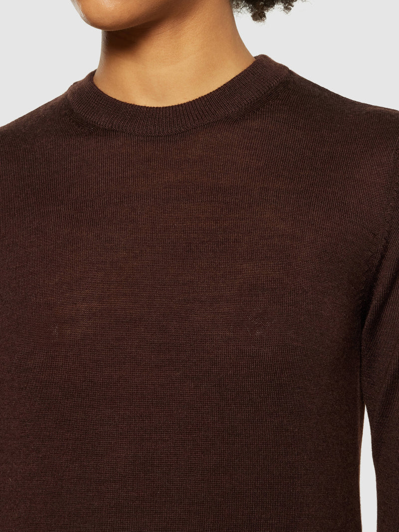 KnowledgeCotton Apparel - WMN Merino Wool Crew Neck RWS Knits 1243 Demitasse (brown)