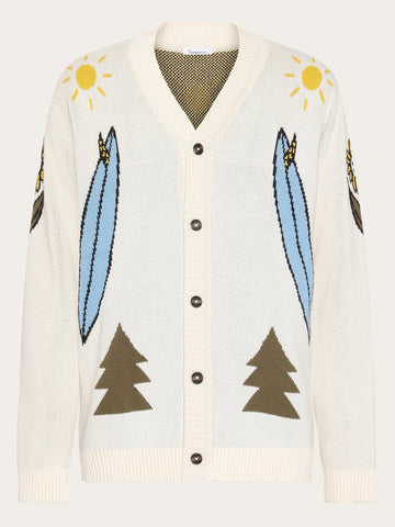 KnowledgeCotton Apparel - UNI Jacquard Trees Yes Please V-neck cotton knit cardigan - GOTS/Vegan Knits 1387 Egret