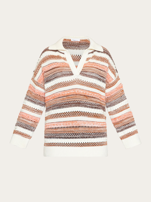 KnowledgeCotton Apparel - WMN Knitted organic cotton polo - GOTS/Vegan Knits 8032 Multi color stripe