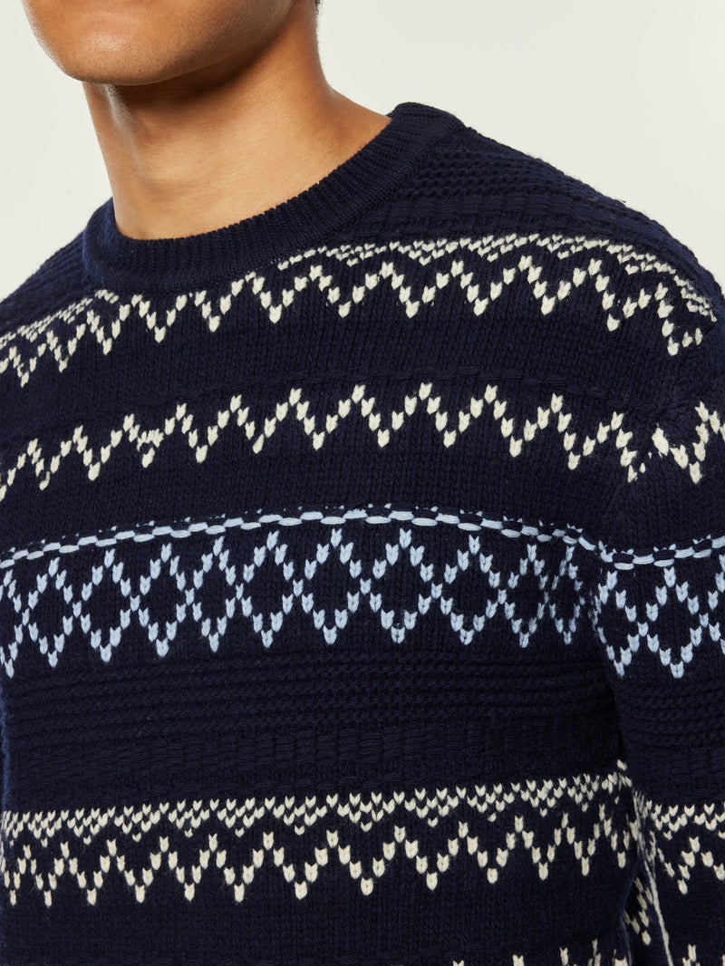 KnowledgeCotton Apparel - MEN Knitted pattern crew neck - RWS Knits 8021 Blue stripe