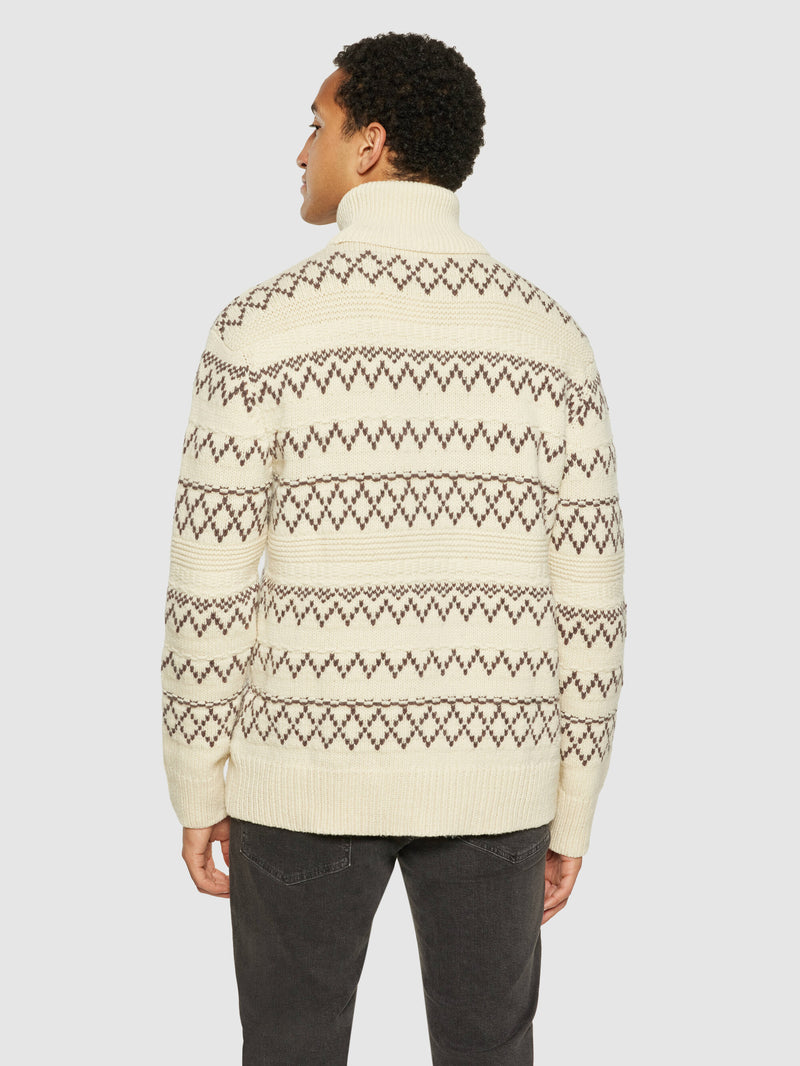 KnowledgeCotton Apparel - MEN Knitted pattern roll neck - RWS Knits 8030 Beige stripe