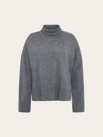 KnowledgeCotton Apparel - WMN Lambswool high neck sweater Knits 1073 Dark Grey Melange