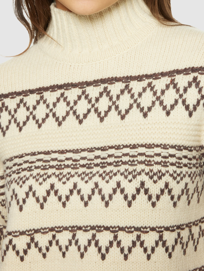 KnowledgeCotton Apparel - WMN Lambswool pattern high neck - RWS Knits 8033 Creme Stripe