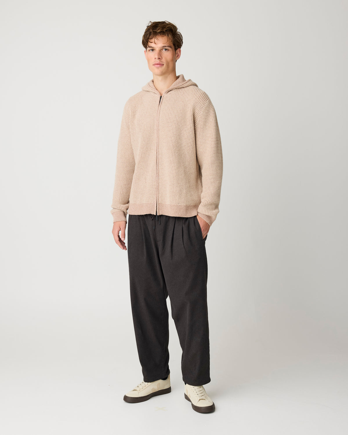 KnowledgeCotton Apparel - MEN Lambswool zip hoodie Knits 1336 Kelp melange