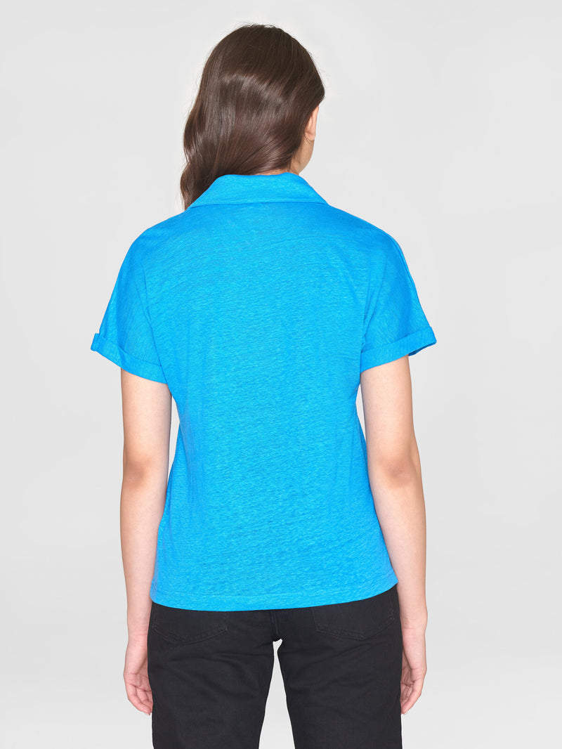 KnowledgeCotton Apparel - WMN Linen bat sleeve polo - GOTS/Vegan Polos 1445 Malibu Blue