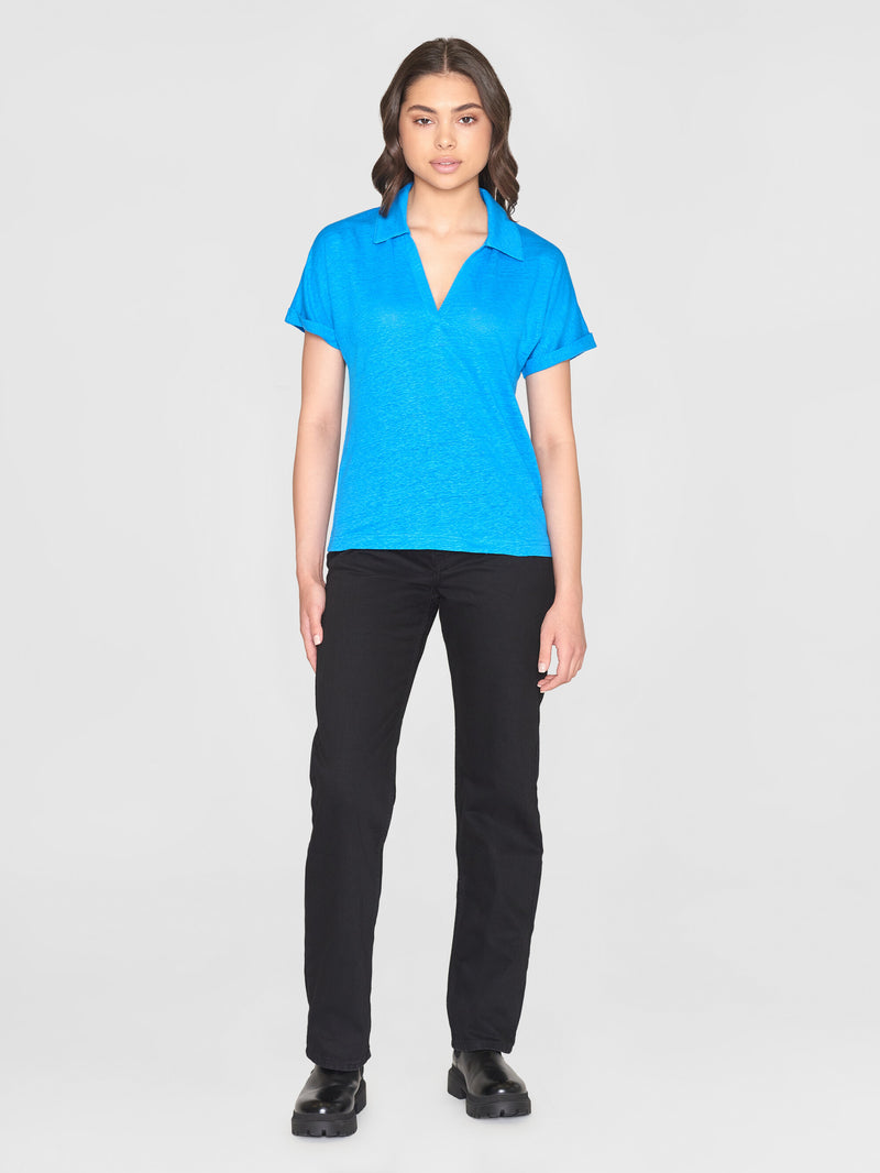 KnowledgeCotton Apparel - WMN Linen bat sleeve polo - GOTS/Vegan Polos 1445 Malibu Blue