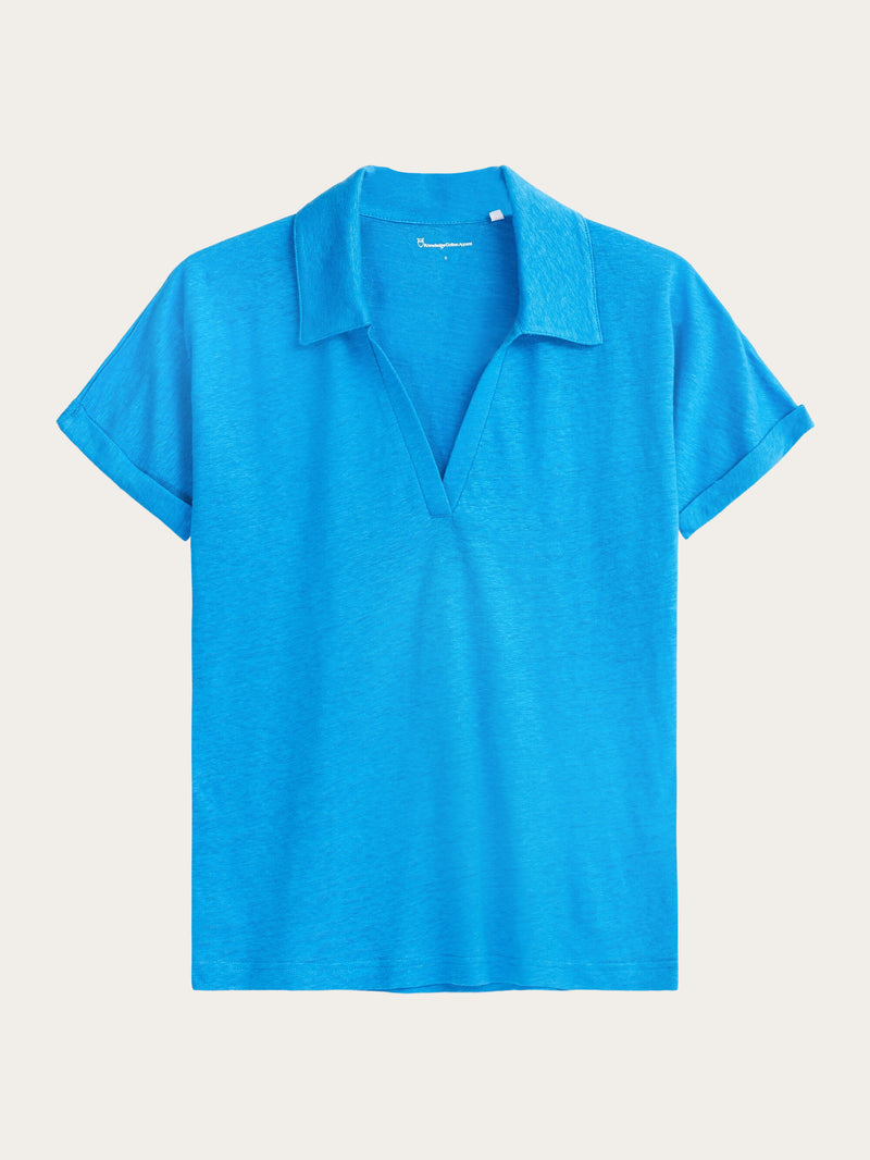 KnowledgeCotton Apparel - WMN Linen bat sleeve polo - GOTS/Vegan Polos 1445 Malibu Blue