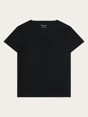 KnowledgeCotton Apparel - WMN Linen v-neck t-shirt T-shirts 1300 Black Jet