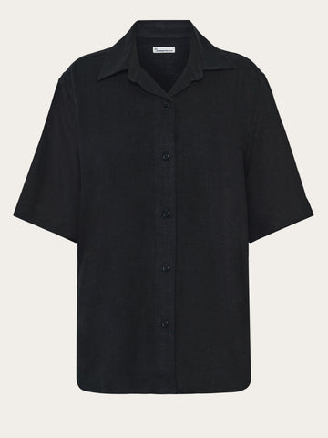 KnowledgeCotton Apparel - WMN Loose linen blend short sleeve shirt Shirts 1300 Black Jet