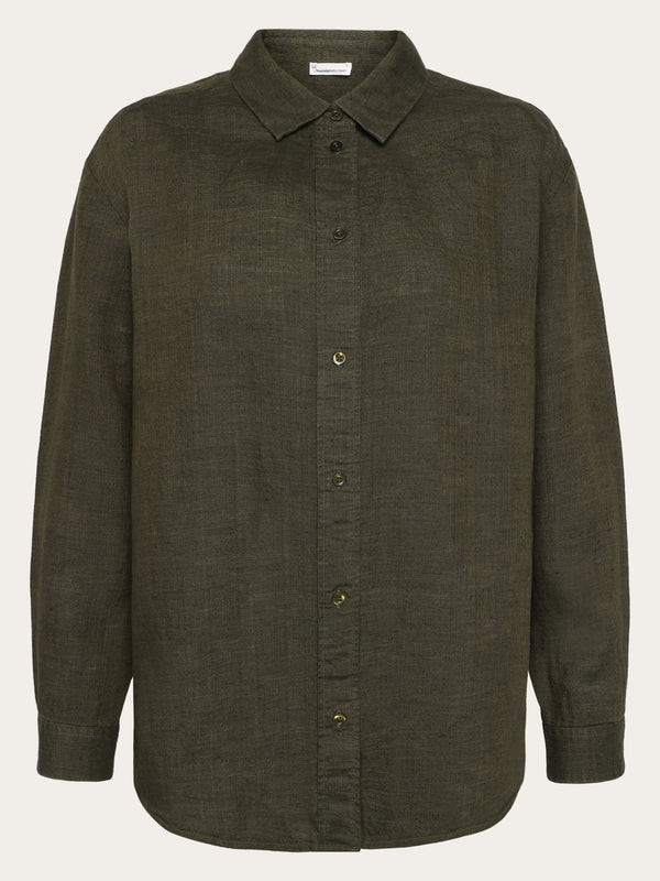 KnowledgeCotton Apparel - WMN Loose linen long sleeved shirt - GOTS/Vegan Shirts 1068 Burned Olive