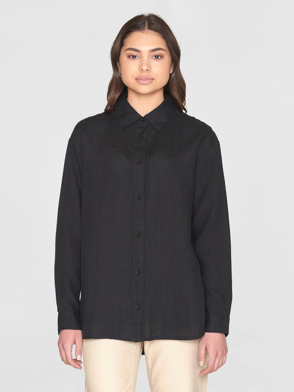 KnowledgeCotton Apparel - WMN Loose linen long sleeved shirt - GOTS/Vegan Shirts 1300 Black Jet