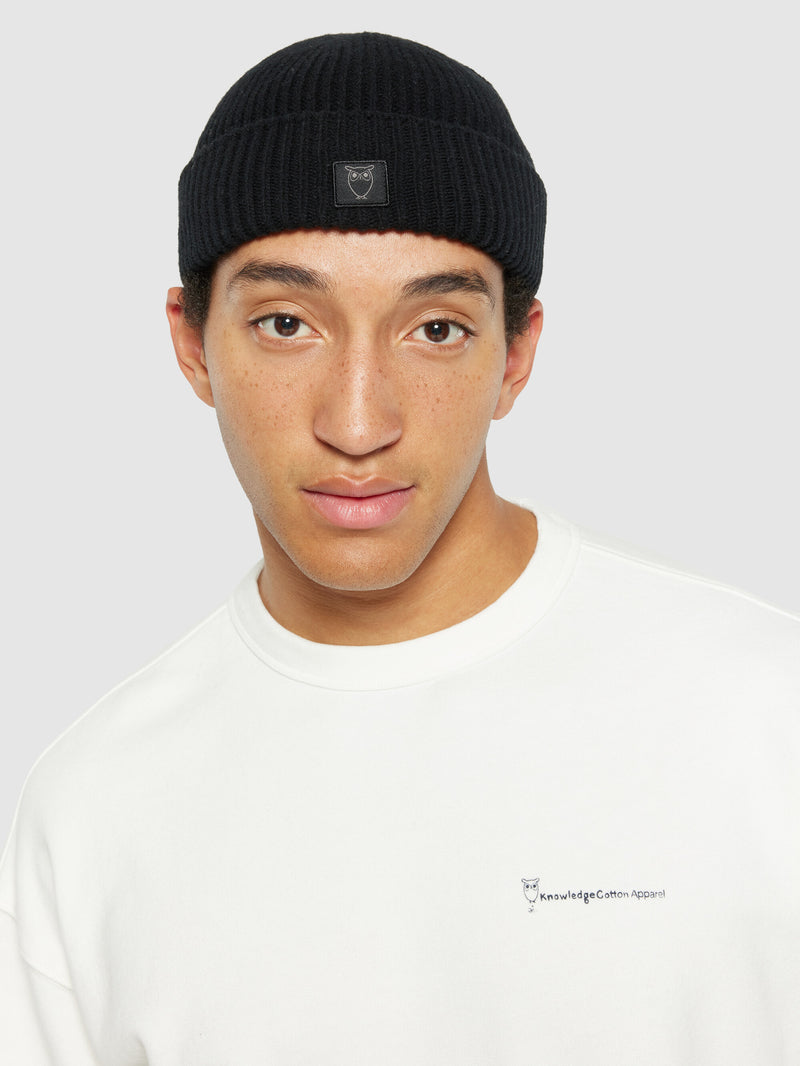 KnowledgeCotton Apparel - UNI Low wool rib beanie Hats 1300 Black Jet