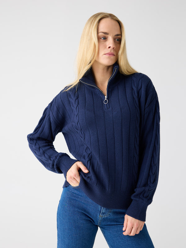 KnowledgeCotton Apparel - WMN Merino Half Zip High Neck RWS Knits 1001 Total Eclipse