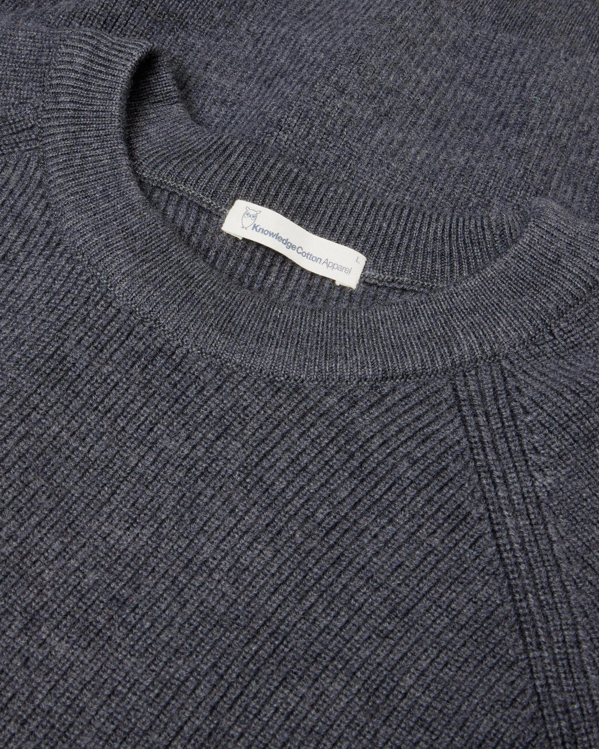 KnowledgeCotton Apparel - MEN O-neck merino wool rib knit Knits 1073 Dark Grey Melange