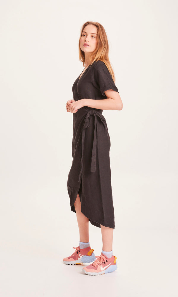 KnowledgeCotton Apparel - WMN ORCHID linen wrap dress Dresses 1300 Black Jet