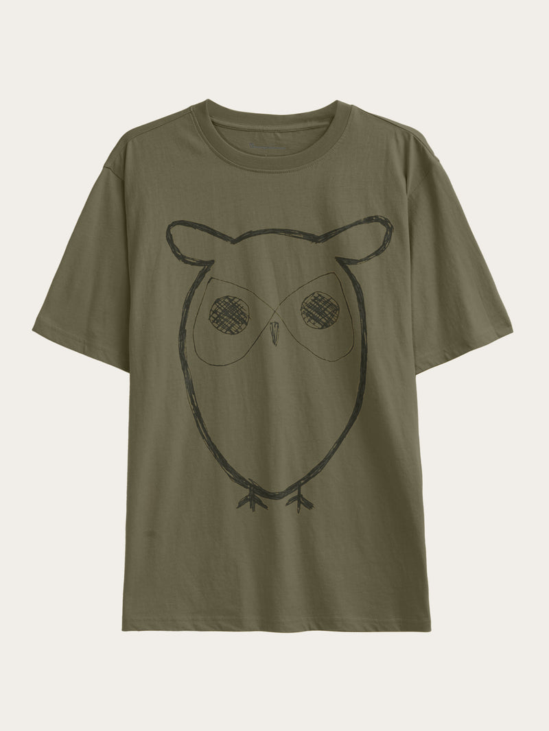 KnowledgeCotton Apparel - MEN Regular big owl front print t-shirt - Regenerative Organic Certified™ - GOTS T-shirts 1068 Burned Olive