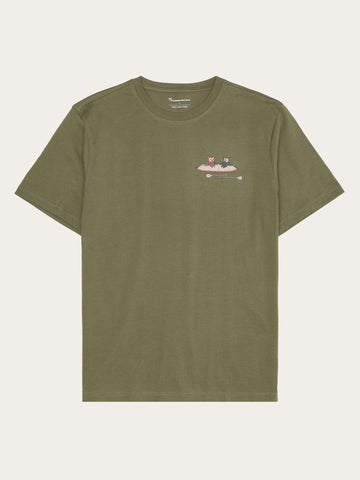 KnowledgeCotton Apparel - UNI Regular drop-shoulder short sleeve heavy single jersey printed t-shirt GOTS/Vegan T-shirts 1068 Burned Olive