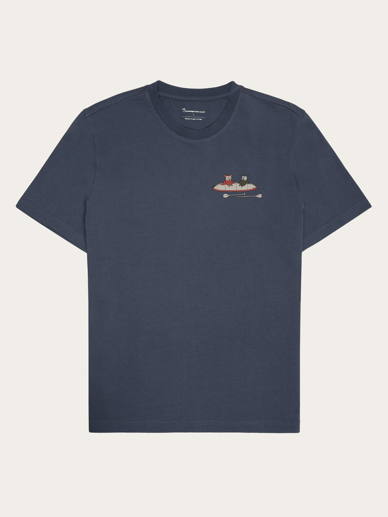 KnowledgeCotton Apparel - UNI Regular drop-shoulder short sleeve heavy single jersey printed t-shirt GOTS/Vegan T-shirts 1226 Vintage Indigo