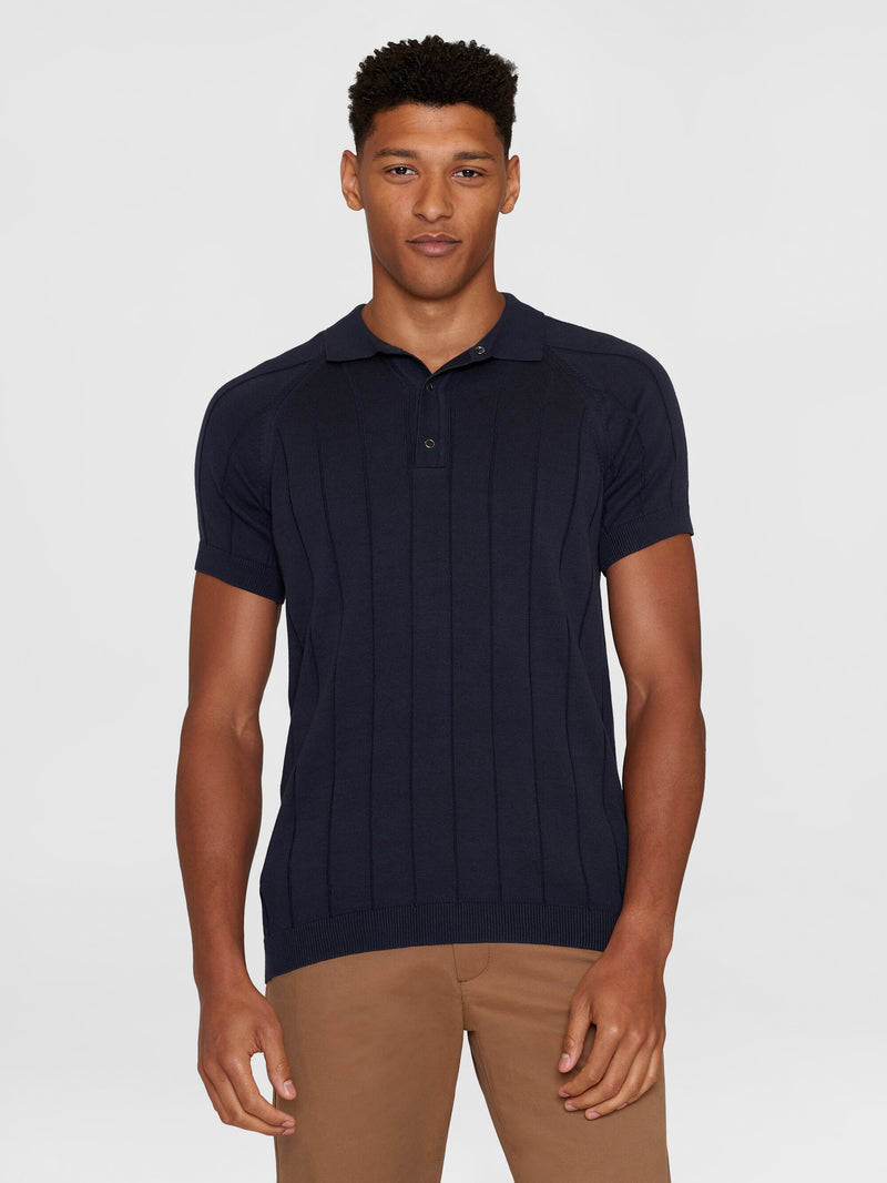 KnowledgeCotton Apparel - MEN Regular short sleeved striped knitted polo - GOTS/Vegan Polos 1412 Night Sky