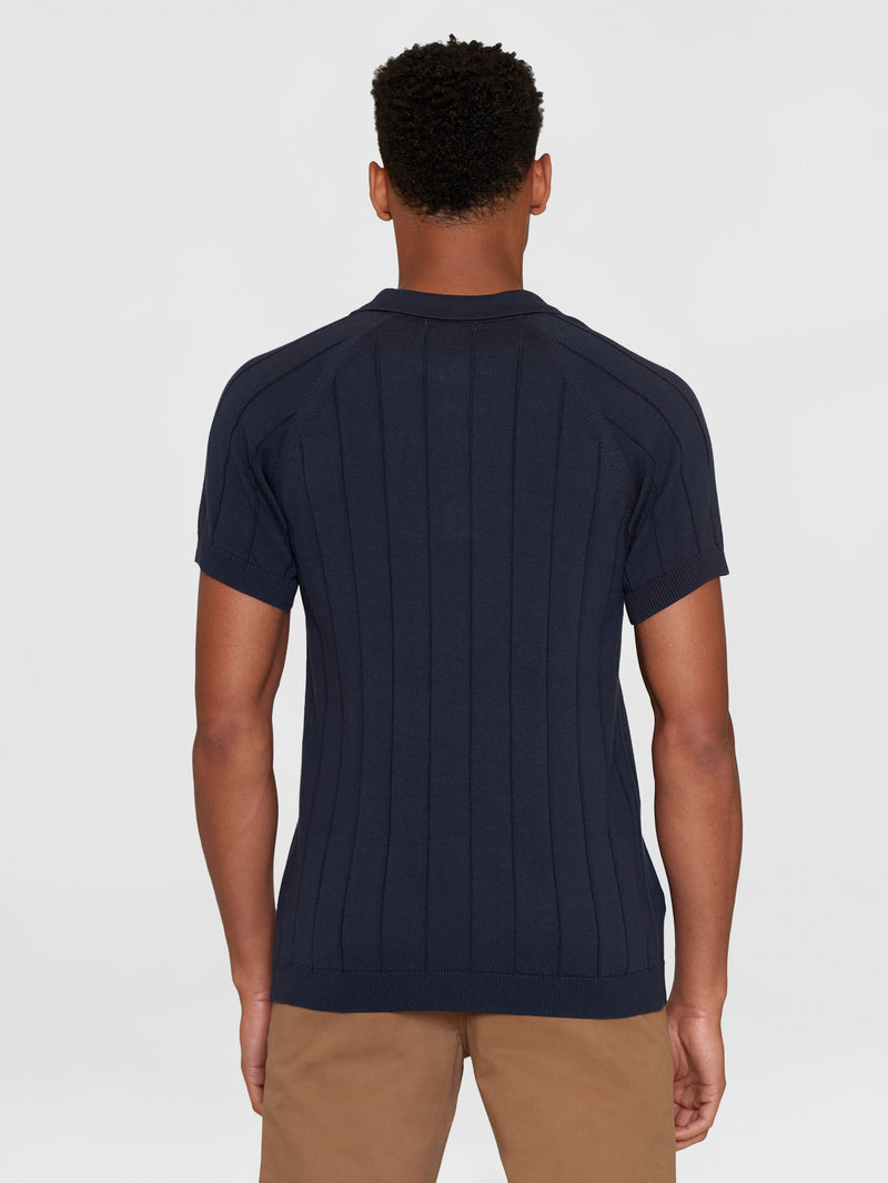 KnowledgeCotton Apparel - MEN Regular short sleeved striped knitted polo - GOTS/Vegan Polos 1412 Night Sky