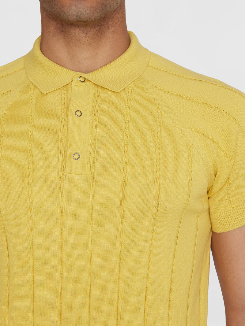 KnowledgeCotton Apparel - MEN Regular short sleeved striped knitted polo - GOTS/Vegan Polos 1429 Misted Yellow