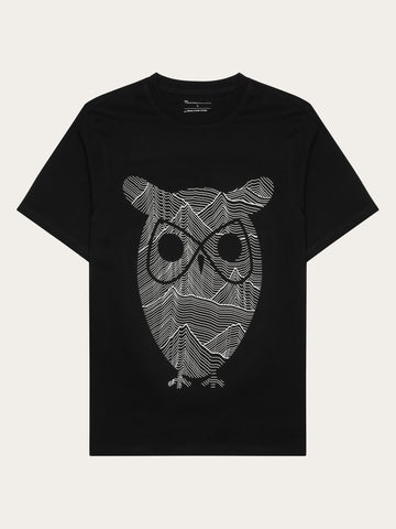 KnowledgeCotton Apparel - MEN Regular single jersey mountain owl printed t-shirt - Regenerative Organic Certified™ - GOTS T-shirts 1300 Black Jet