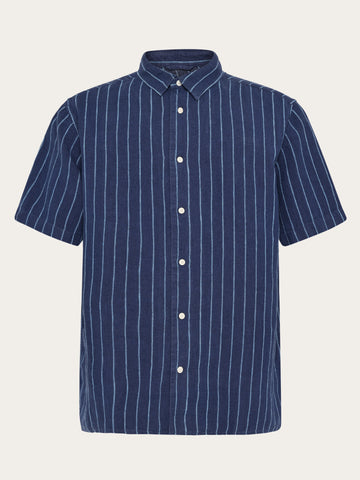 KnowledgeCotton Apparel - MEN Relaxed linen stripe short sleeve shirt Shirts 8021 Blue stripe