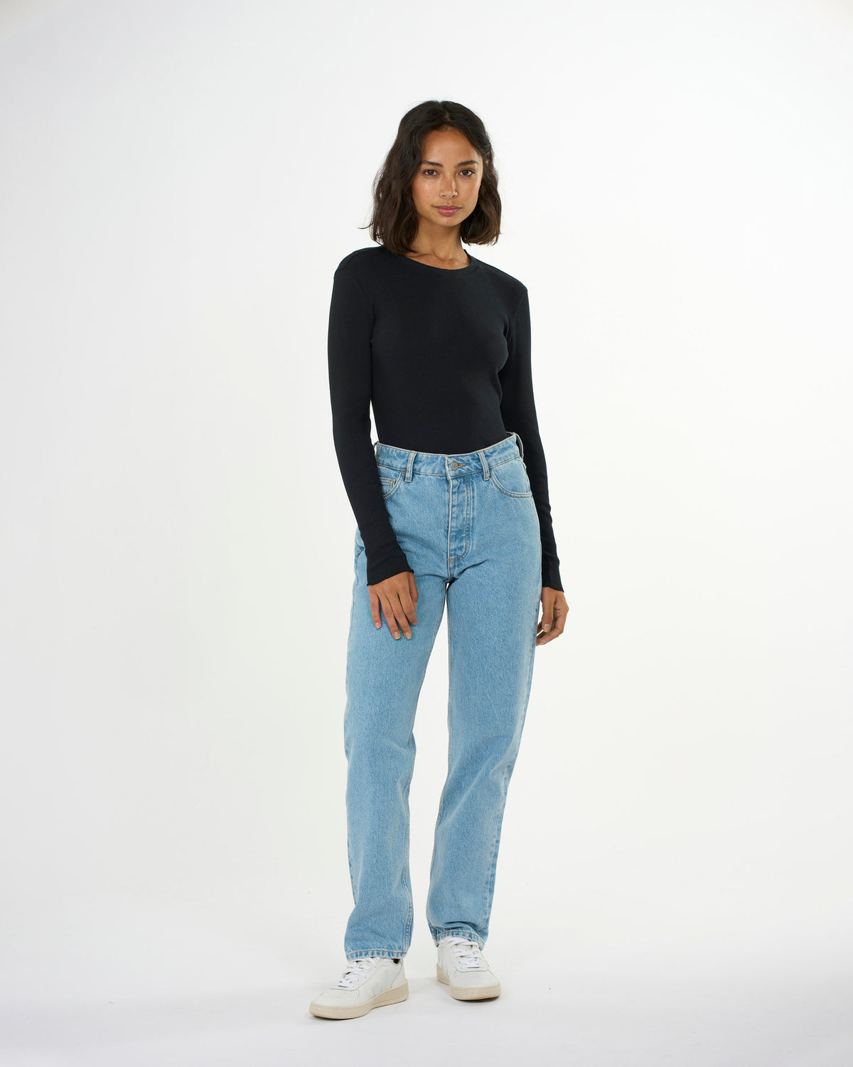 KnowledgeCotton Apparel - WMN Rib Scoop neck long sleeved Long Sleeves 1300 Black Jet