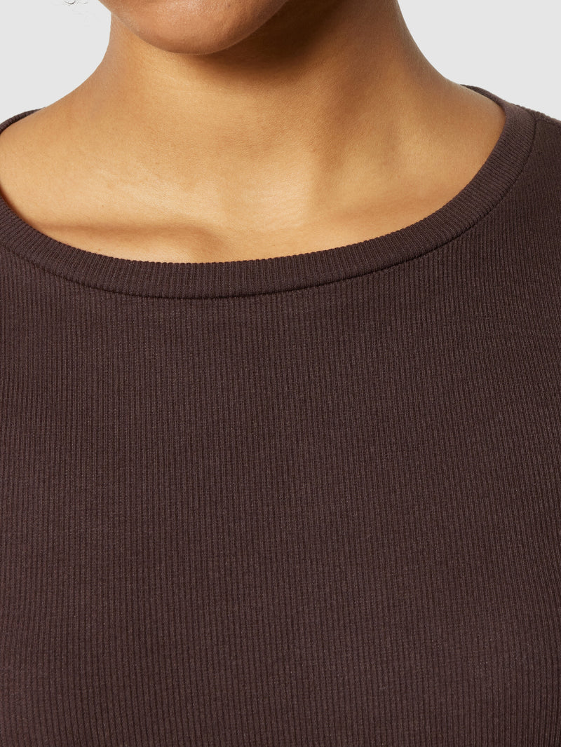 KnowledgeCotton Apparel - WMN Rib Scoop neck long sleeved T-shirts 1394 Chocolate Plum