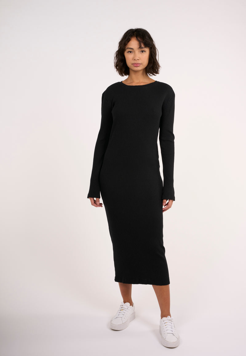 KnowledgeCotton Apparel - WMN Rib crew neck Lenzing™ slit dress Dresses 1300 Black Jet