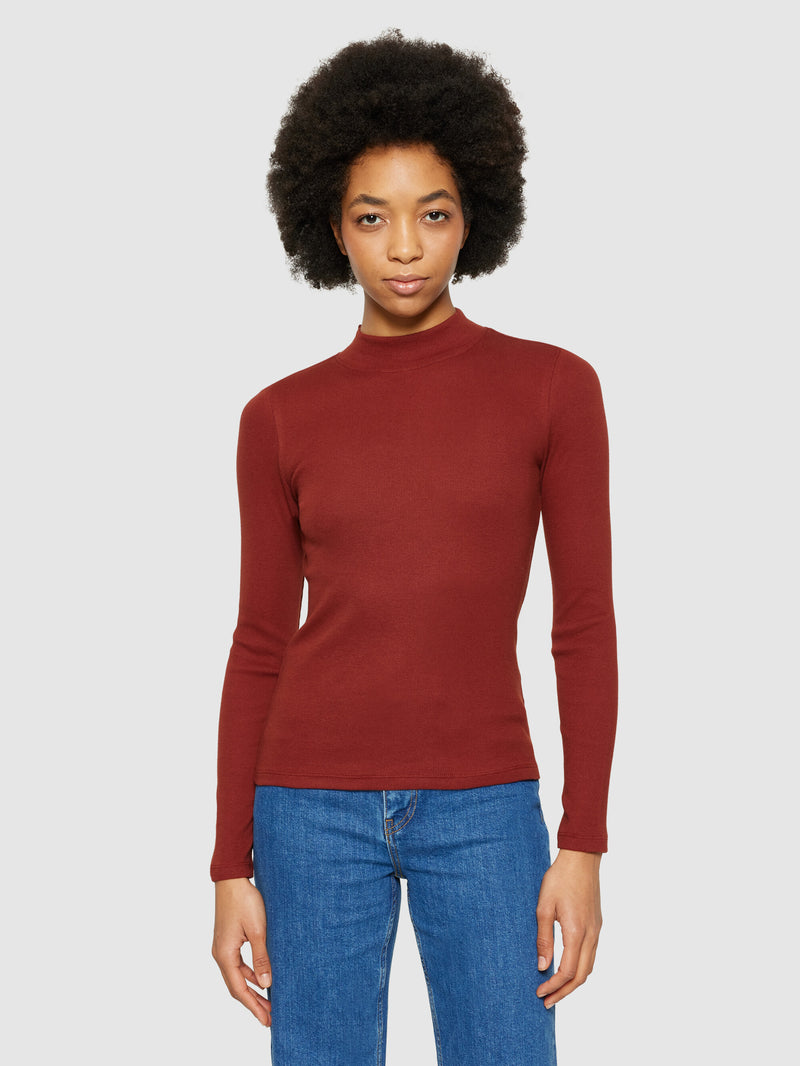 KnowledgeCotton Apparel - WMN Rib high neck LS T-shirts 1478 Fired Brick