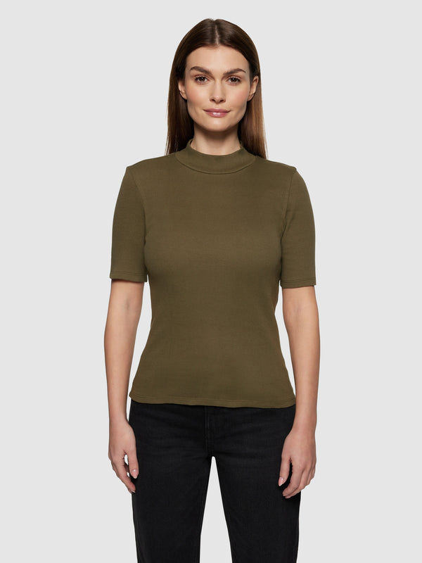 KnowledgeCotton Apparel - WMN Rib high neck SS T-shirts 1100 Dark Olive