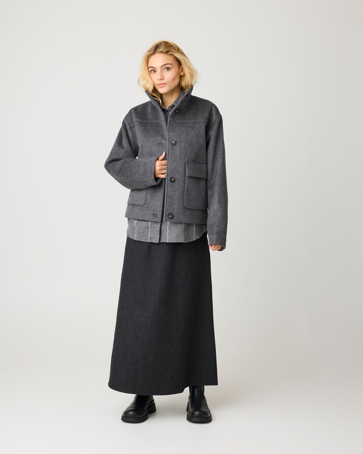 KnowledgeCotton Apparel - WMN Short wool jacket Jackets 1073 Dark Grey Melange