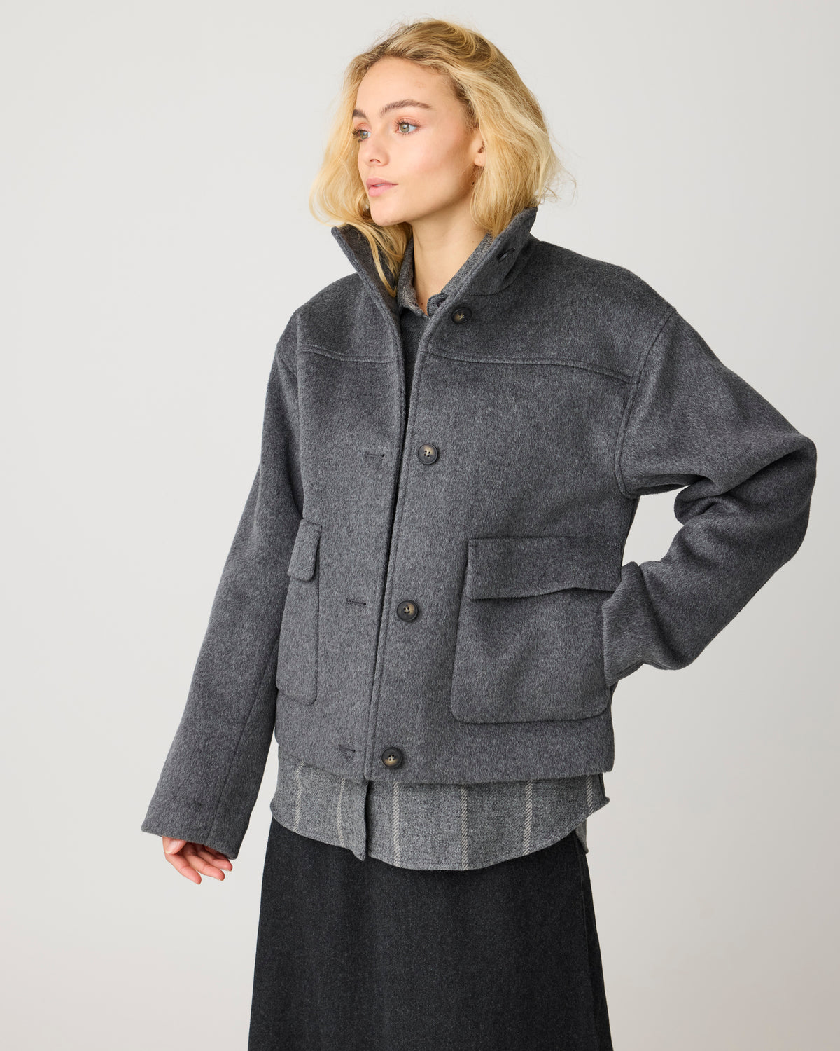 KnowledgeCotton Apparel - WMN Short wool jacket Jackets 1073 Dark Grey Melange