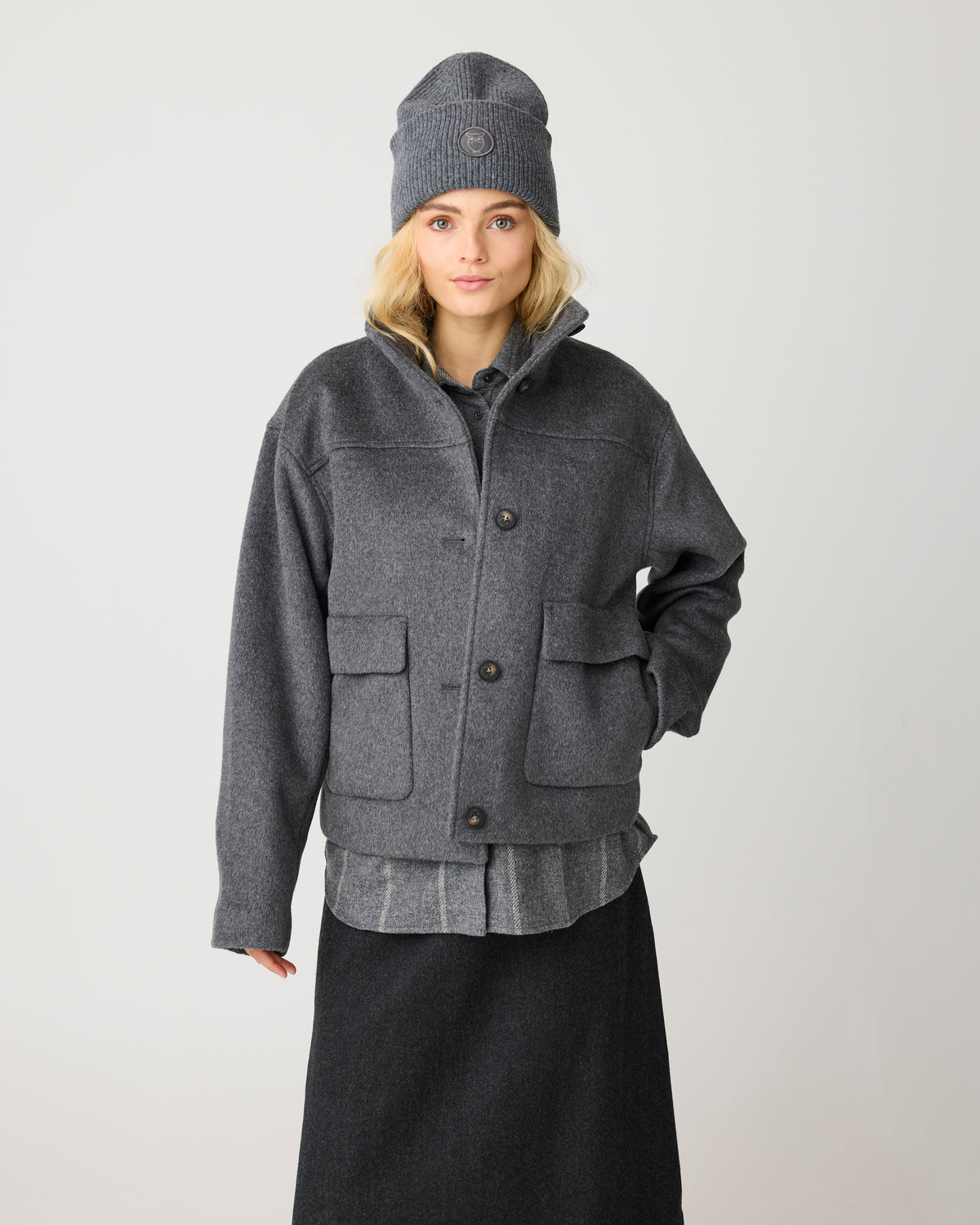 KnowledgeCotton Apparel - WMN Short wool jacket Jackets 1073 Dark Grey Melange