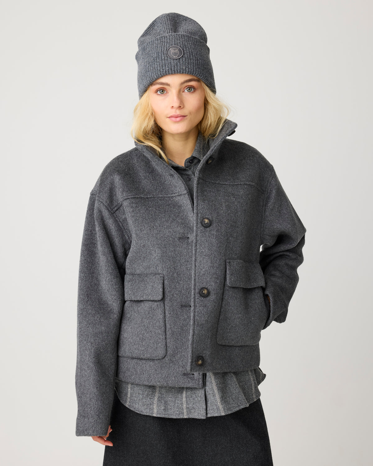KnowledgeCotton Apparel - WMN Short wool jacket Jackets 1073 Dark Grey Melange