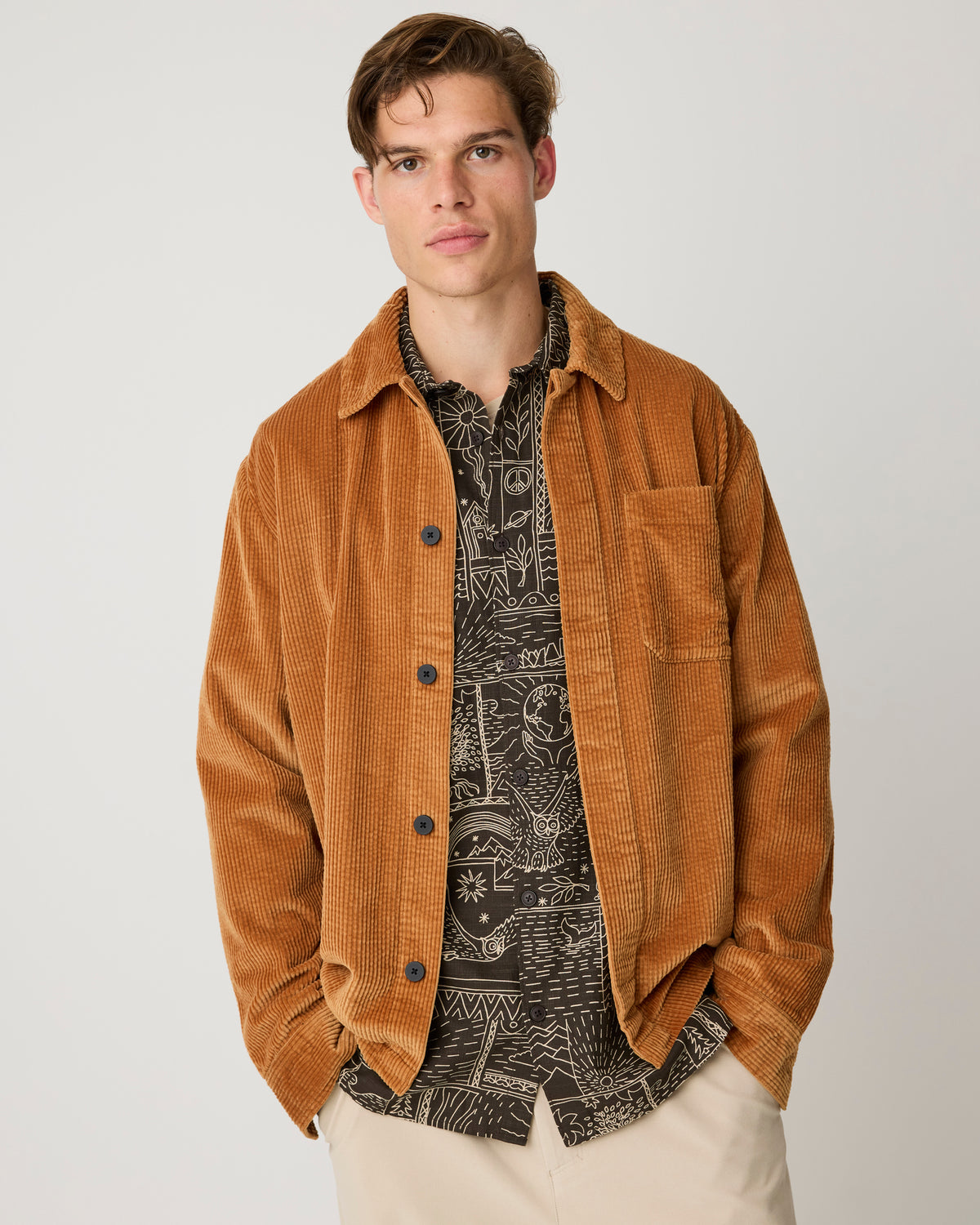 KnowledgeCotton Apparel - MEN Sleet comfort print shirt Shirts 9935 Dark Brown
