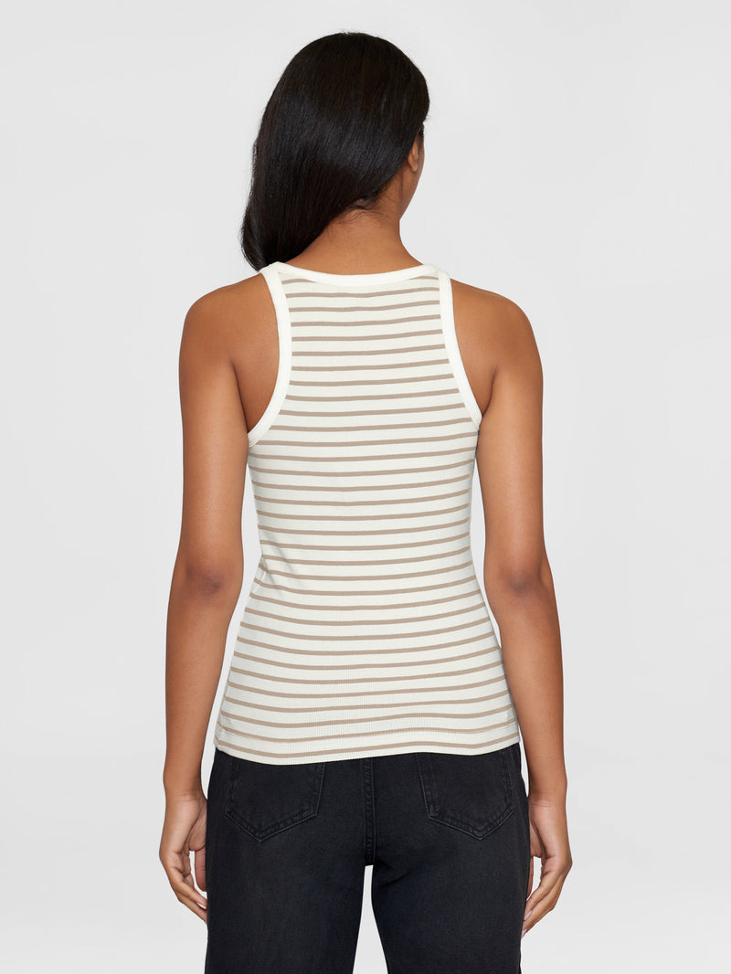 KnowledgeCotton Apparel - WMN Striped racer rib top T-shirts 8030 Beige stripe